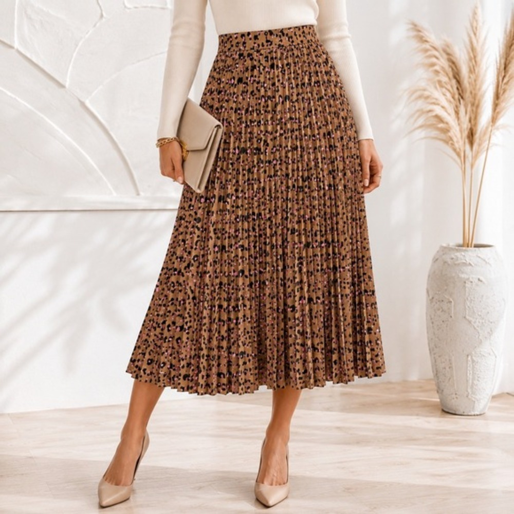 J. Crew Factory Leopard Print Pleated Midi Skirt‎ Size 8 Brown Mobwife Old Money